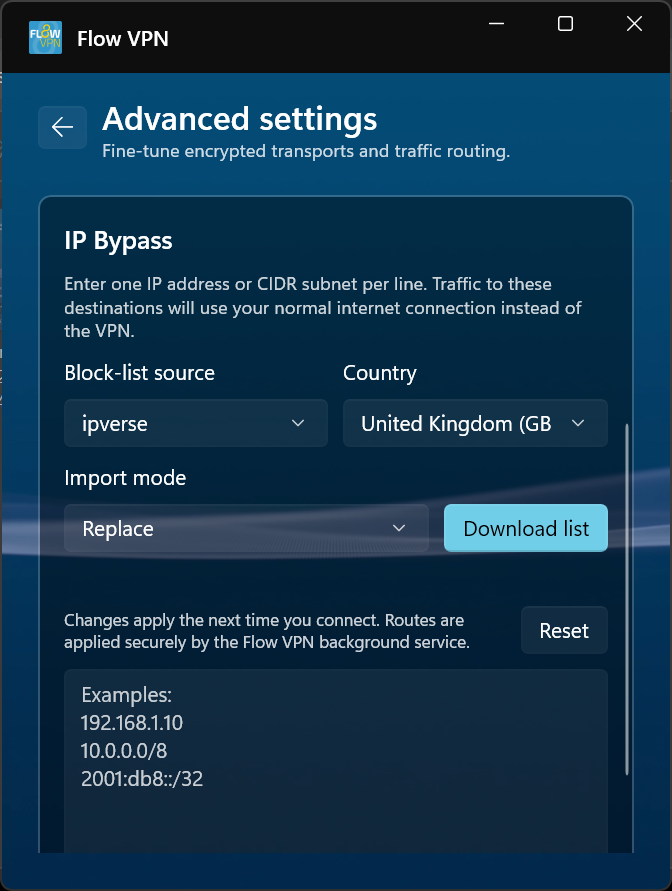 FlowVPN split tunnelling settings