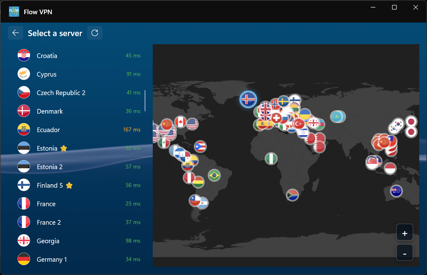FlowVPN global server map and live latency results