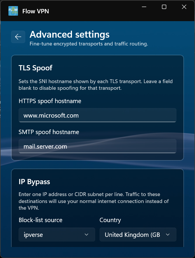 FlowVPN TLS transport settings